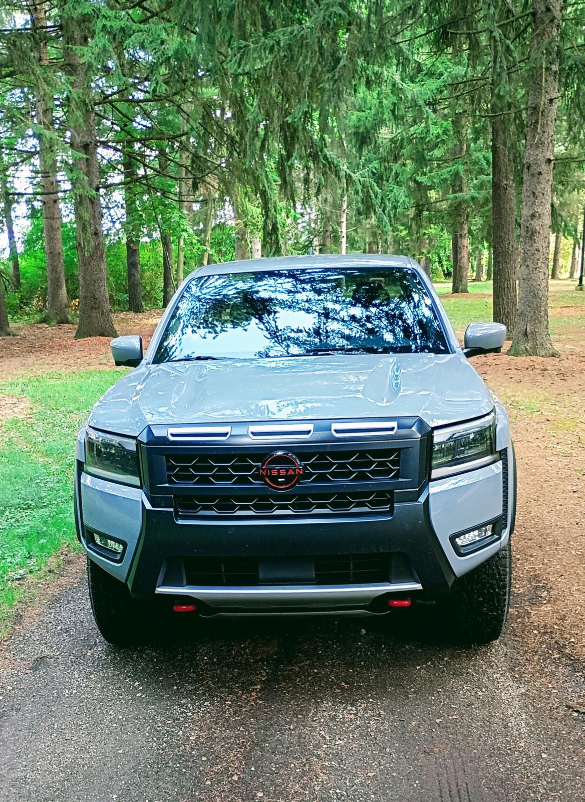 Figure 2 — The front end square-on. The radar sits behind the emblem at the centre of the grille, and the lower fascia below it is exactly the height a bull bar's crossbar and skid pan occupy — whi…